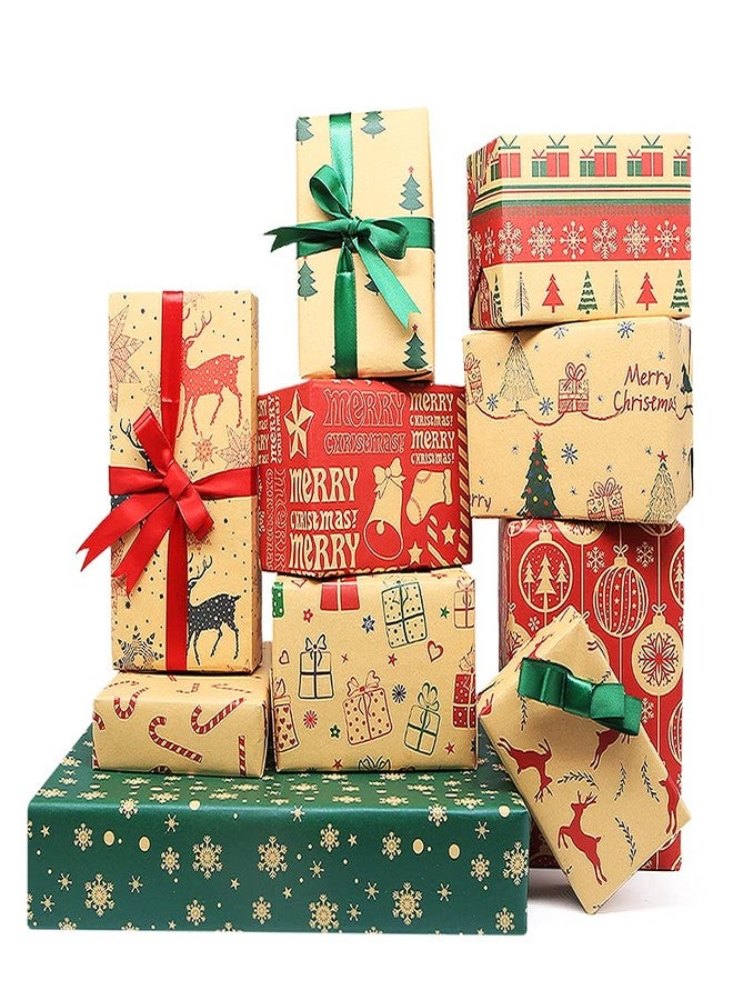 Unigift Christmas Kraft Wrapping Paper，20 Sheets Xmas Folded Wrapping Paper 20x28 inch Recyclable Christmas Gift Wrapping Paper With Ribbons Greeting Card for Christmas Party Present Flower Packaging DIY Craft - Image 1